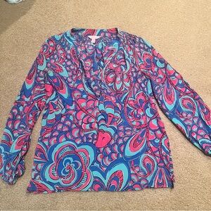 Lilly Pulitzer 100% Silk Women’s Blouse Size XS Elsa Top Button Down Neck
